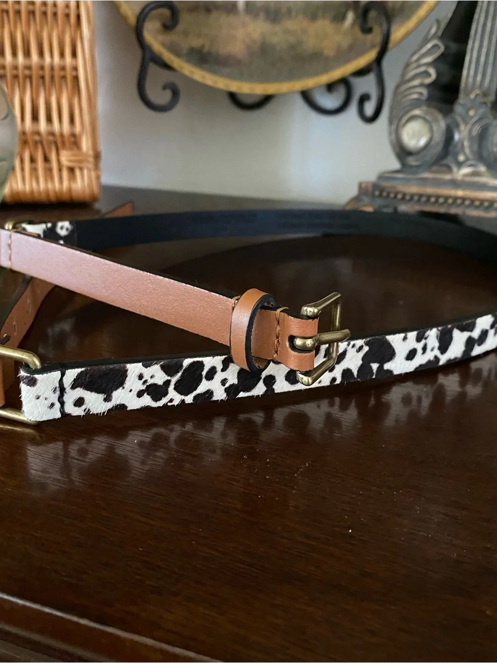Banana Republic Cow Print Dyed Calf Hair Brown Vegan Leather Belt Women’s M NWOT